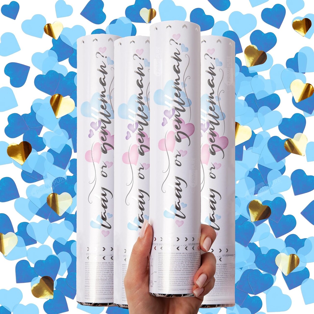 Gender Reveal Confetti Cannon - Heart Shaped Confetti Poppers - Blue 4 Pack - Baby Boy Gender Reveal Party Poppers Party Cannons Shooter Blaster